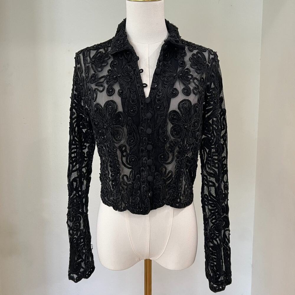 Vintage Cache (L) Statement Button Up Top Goth Drama Glam Mob Wife Couture Bead - Picture 7 of 12